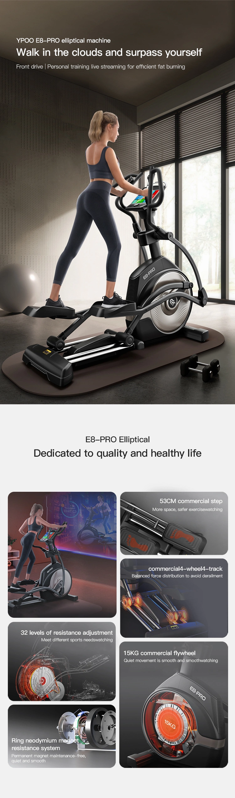 Ypoo New Cardio Fitness Equipment Cross Trainer Elliptical E8 Best Exercise Gym Magnetic Ellipticals with Yifit APP